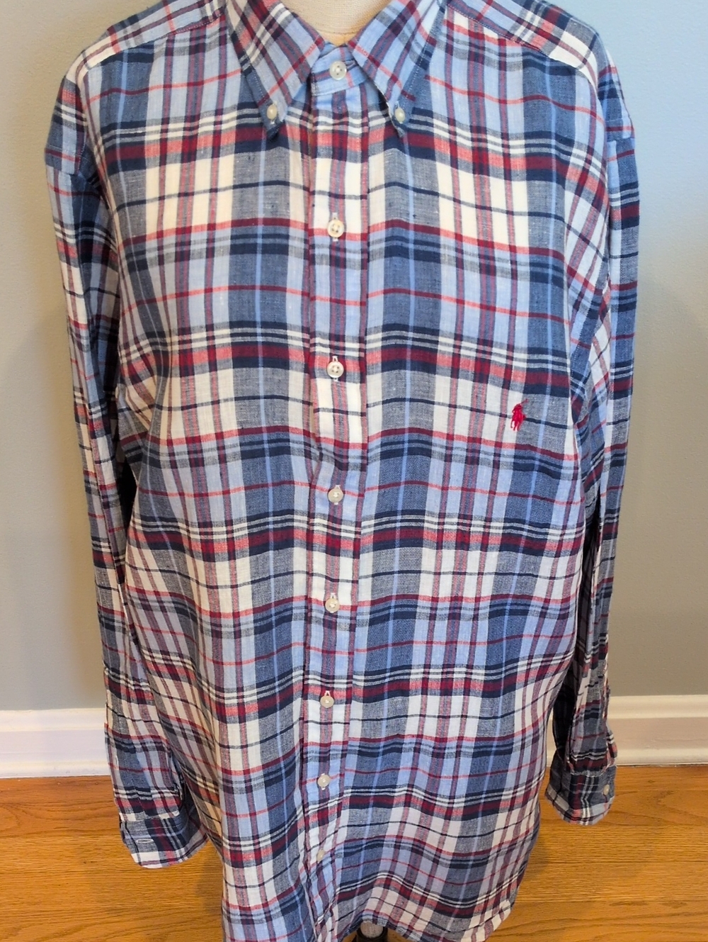 Ralph Lauren Classic Fit 100% Linen Plaid Button-Down Shirt Large Tall